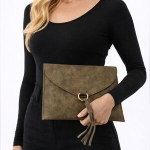 Anthropologie Faux Leather Tassel Envelope Clutch Bag Gray Distressed Snap Close